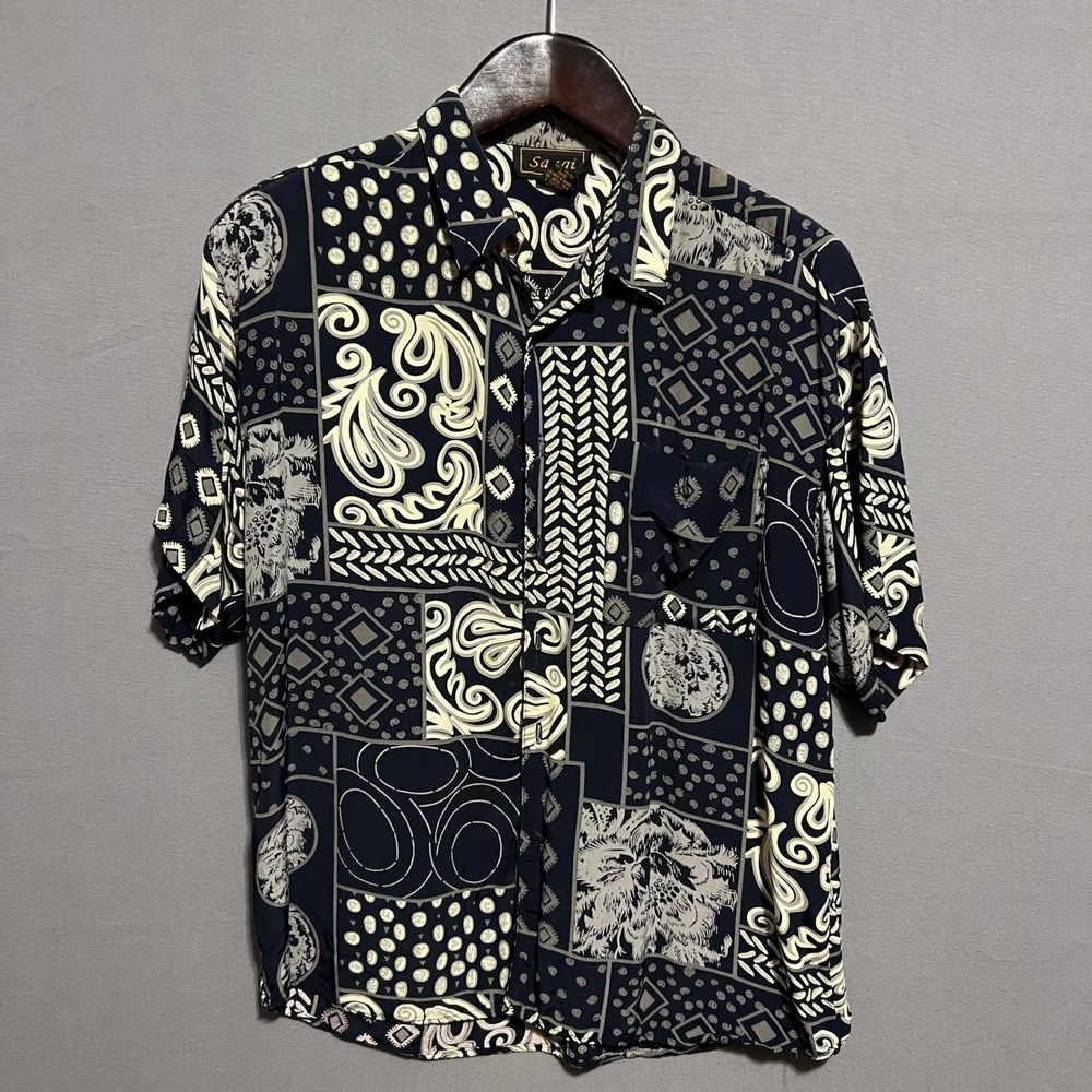 Sangi USA Mens Large Rayon Short Sleeve Patchwork Geometric Paisley Shirt Navy
